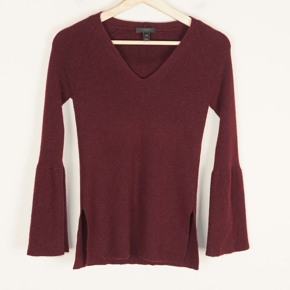 J Crew Puplum Sleeve V Neck Wool Blend Maroon Red Sweater Womens Sz XXS